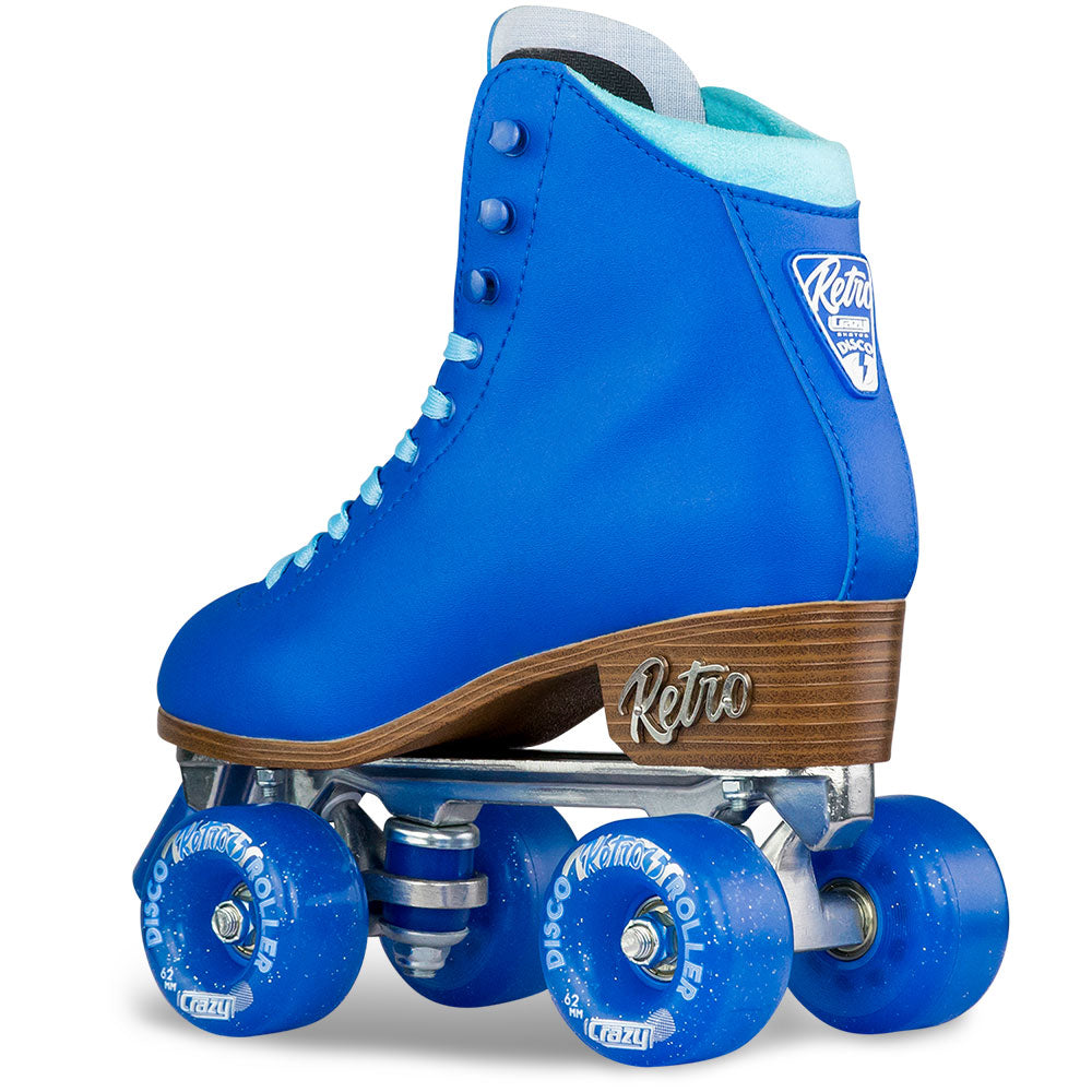 Crazy Skates Retro Blue roller skate with a high-top design, light blue laces, and four smooth-rolling blue wheels