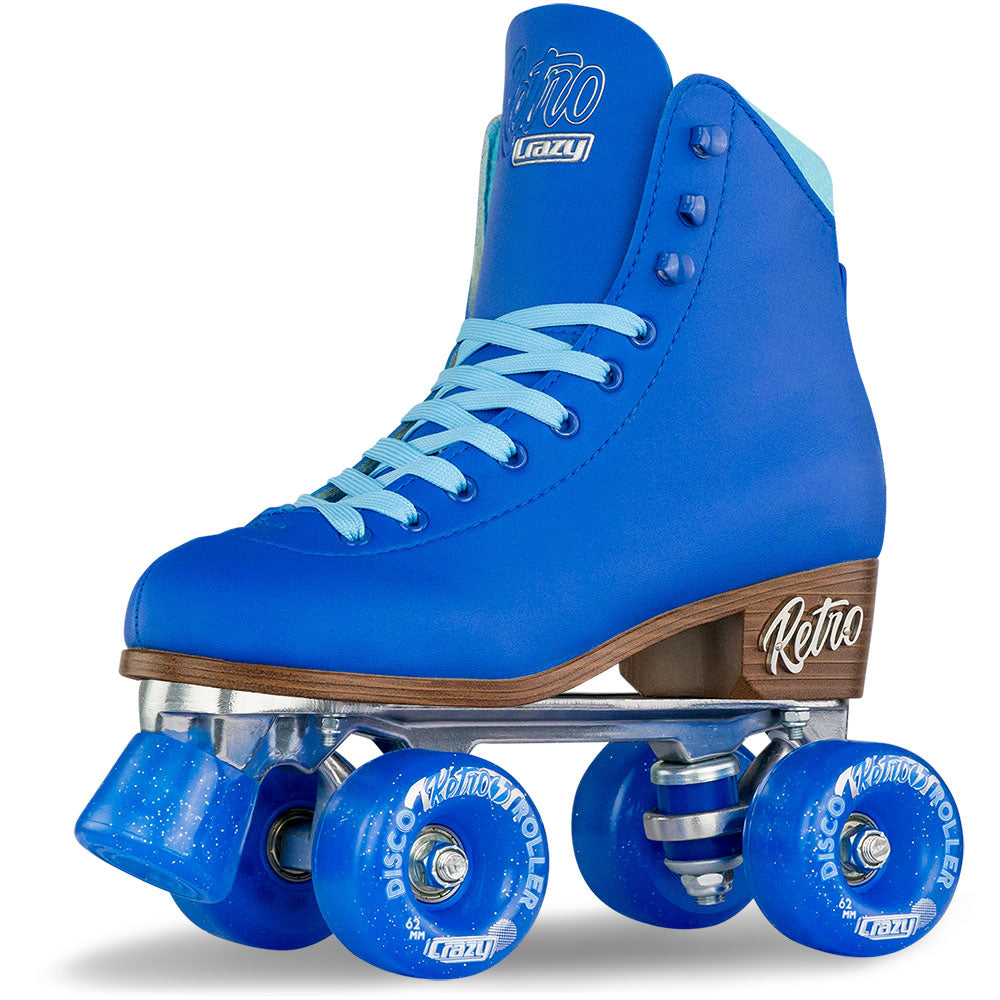 Crazy Skates Retro Blue roller skate with a high-top design, light blue laces, and four smooth-rolling blue wheels