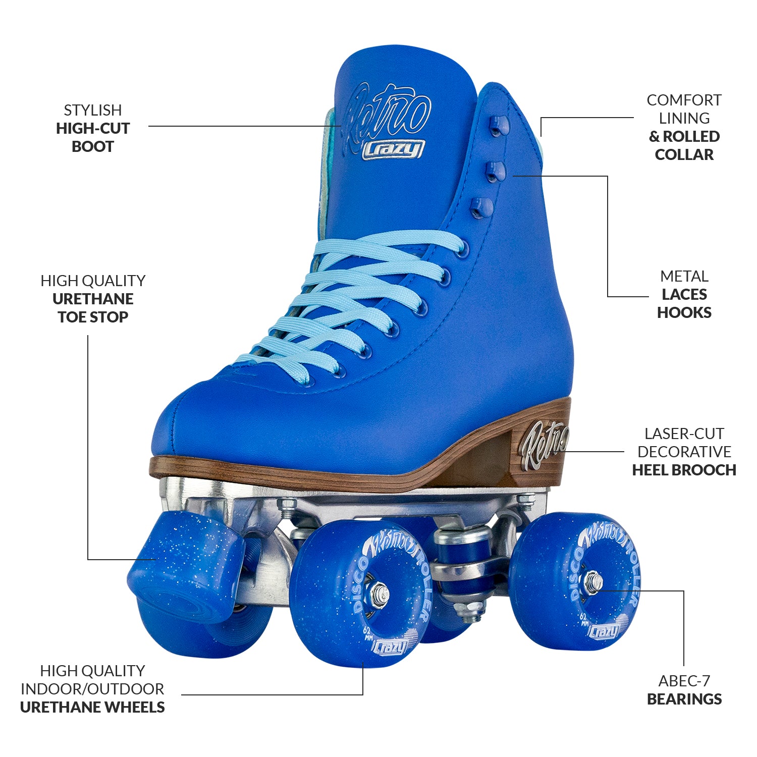 Crazy Skates Retro Blue roller skate with a high-top design, light blue laces, and four smooth-rolling blue wheels