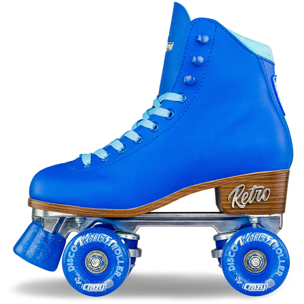 Crazy Skates Retro Blue roller skate with a high-top design, light blue laces, and four smooth-rolling blue wheels