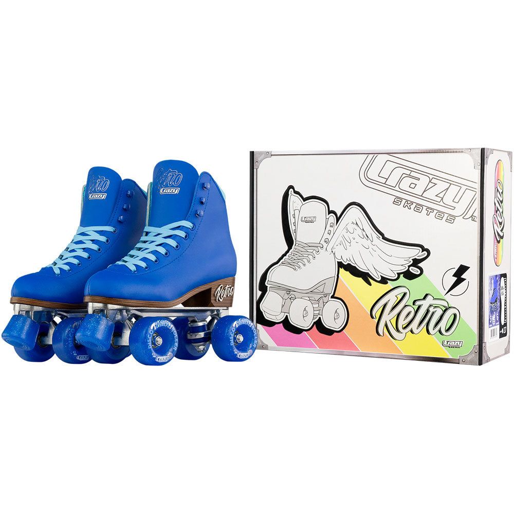 Crazy Skates Retro Blue roller skate with a high-top design, light blue laces, and four smooth-rolling blue wheels